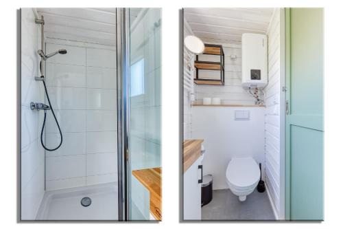 a bathroom with a shower and a toilet at Green Tiny House with shared pool in Zeewolde