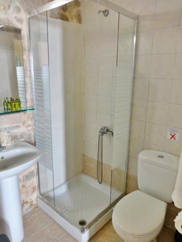 a bathroom with a shower and a toilet and a sink at Thalassa Apartments in Rethymno