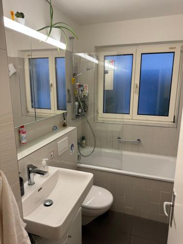 ein Badezimmer mit einem Waschbecken, einem WC und einer Badewanne in der Unterkunft Room with balcony in Ober Urdorf