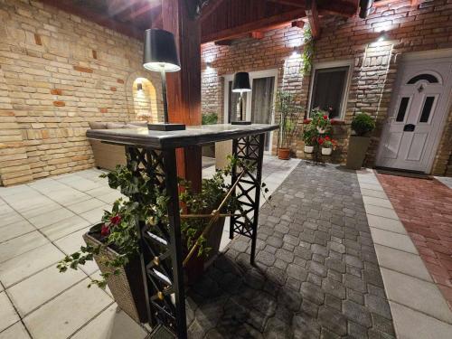 a patio with a table with potted plants at Apartman Mudrinić Apatin in Apatin