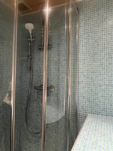 une douche avec une porte vitrée dans une salle de bain dans l'établissement Appartement 32m2 , quartier du Vieil Alpe, à Huez