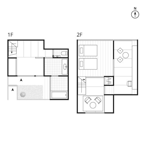 a floor plan of a small apartment with furniture at NIPPONIA HOTEL Ozu Castle Town in Ōzu