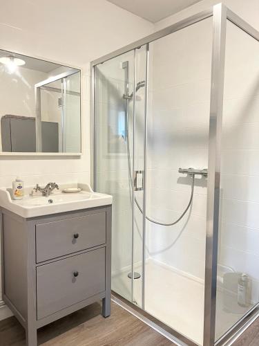une salle de bain avec douche et lavabo dans l'établissement La Maison Bucolique, Centre de Saint Jacques, à Saint-Jacques-de-la-Lande