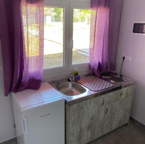 a kitchen with a sink and a window with purple curtains at Pefki Apartment 8 in Artemísion