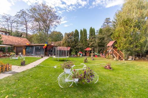 a yard with a playground and a bike with flowers at Casa Nan cu Terasa - Castelul Bran in Bran