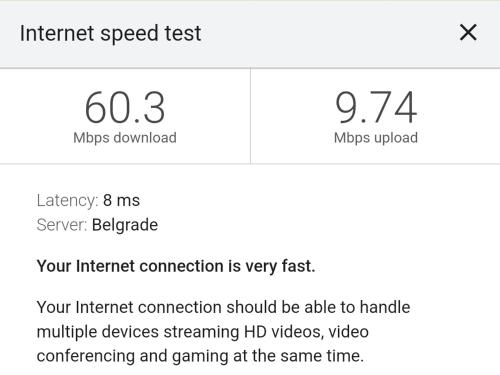 a screenshot of a cell phone screen showing the internet speed test at Sunny Nest Apartment in Fontana
