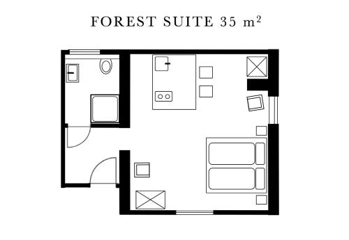 a black and white floor plan of a forest suite at Remise Possenhofen in Pöcking