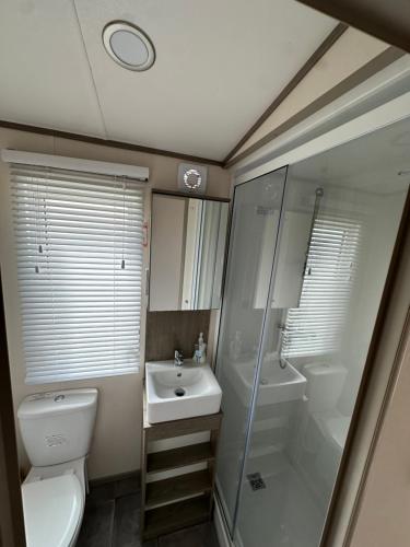 a bathroom with a toilet and a shower and a sink at New beach holiday park in Dymchurch