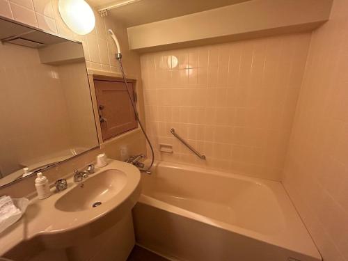 ein Badezimmer mit einem Waschbecken, einer Badewanne und einem WC in der Unterkunft ホテルアイエス in Yokohama