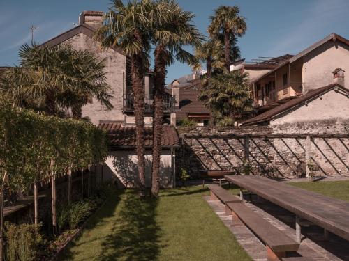 a park with a wooden bench and palm trees at B&B CCAA Ascona in Ascona