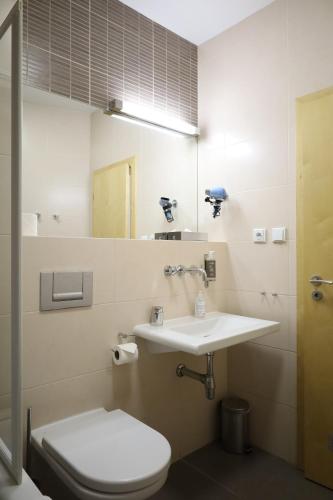 La salle de bains est pourvue d'un lavabo, de toilettes et d'un miroir. dans l'établissement Rezidence Ostrovní, à Prague