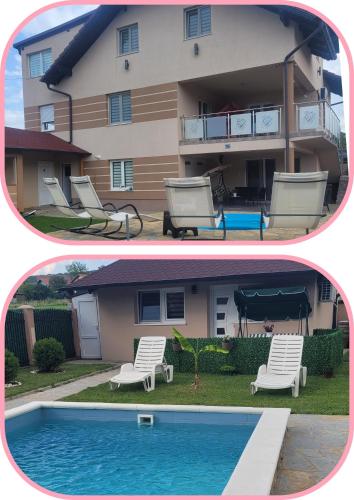 two pictures of a house and a swimming pool at Apartmani Apolon in Vrdnik