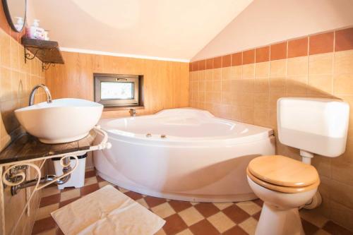 een badkamer met een bad, een toilet en een wastafel bij Villa Loreta, a beautiful and cozy villa minutes away from the sea in Raša