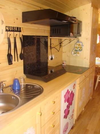 une cuisine avec un évier et un micro-ondes dans l'établissement Roulotte de charme, à Doucier