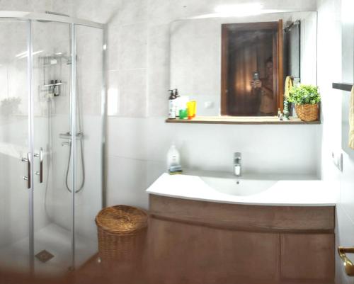 y baño con lavabo y ducha. en 3 bedrooms villa with private pool enclosed garden and wifi at Chiclana de la Frontera 2 km away from the beach en Chiclana de la Frontera