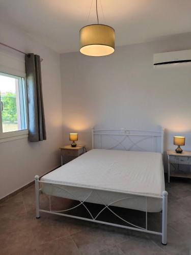 a bedroom with a bed and two tables with lamps at Pefki Apartment 9 in Artemísion