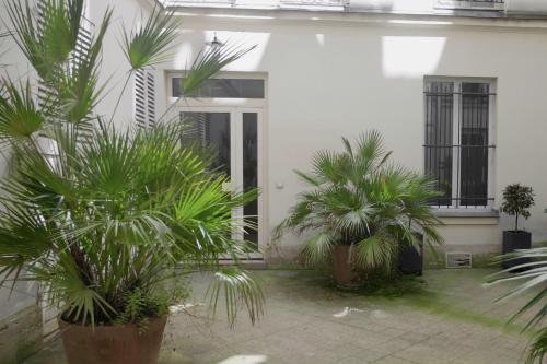 une maison blanche avec des palmiers devant dans l'établissement Charmant appartement au coeur de paris 6ème, à Paris