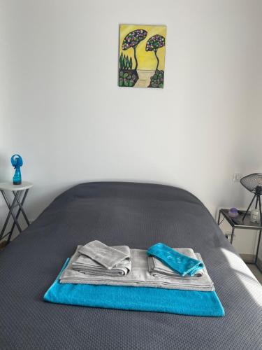 - un lit avec une serviette dans l'établissement Appartement T3 de standing tout équipé, à Collioure