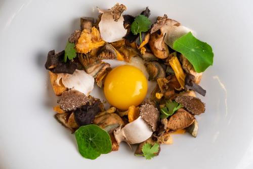 an egg on a pile of mushrooms on a plate at Serras Barcelona in Barcelona