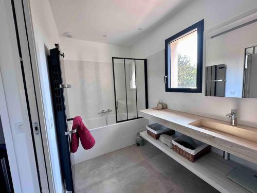 une salle de bain avec un lavabo et un grand miroir dans l'établissement Villa privée-piscine-vue mer-pinarello-cirindinu, à Zonza