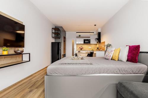 a bedroom with a large bed and a kitchen at KORZO Couple in Lipno nad Vltavou