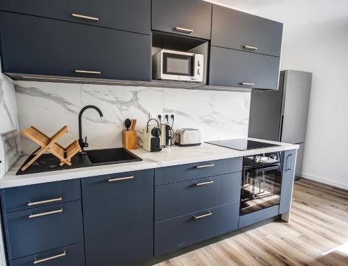 - une cuisine bleue avec évier et four micro-ondes dans l'établissement Suite T5 Rennes Gare - Parking privé gratuit, à Rennes