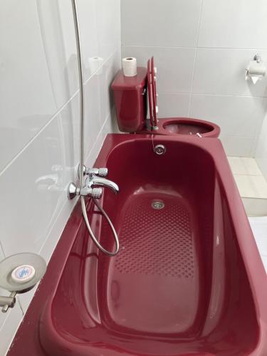La salle de bains est pourvue d'une baignoire rouge et d'une douche. dans l'établissement Ivotel, à Antananarivo