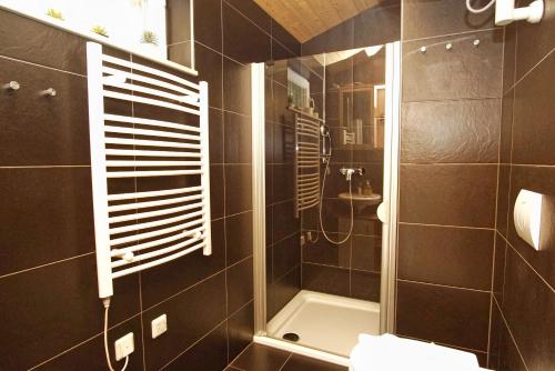 een badkamer met een douche, een toilet en een wastafel bij Chalet Ostsee Haus Nr. 72 in Göhren