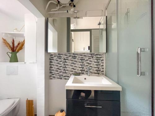 une salle de bain avec un lavabo et un miroir dans l'établissement Le petit marseillais avec patio, à Marseille