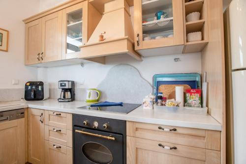 a kitchen with wooden cabinets and a black dishwasher at Orkos View House in Plaka