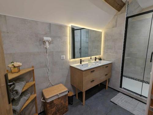 une salle de bain avec un lavabo et un miroir dans l'établissement Madaiv à 5 mn de Beauval & proche des châteaux, à Seigy