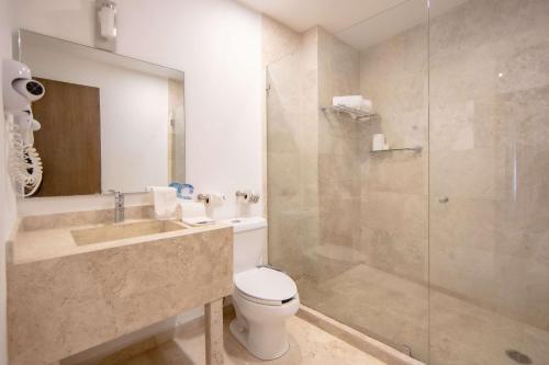 y baño con aseo y ducha acristalada. en Comfort Inn Queretaro Tecnologico, en Querétaro
