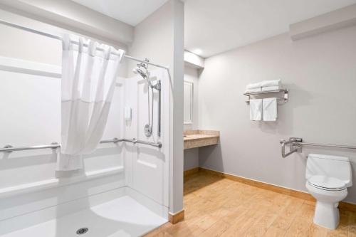 uma casa de banho com um chuveiro e um WC. em Econo Lodge Bethel - Danbury em Bethel
