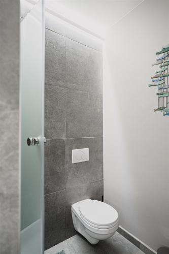 a bathroom with a toilet and a shower at Butique Apartman Grand in Balatonlelle