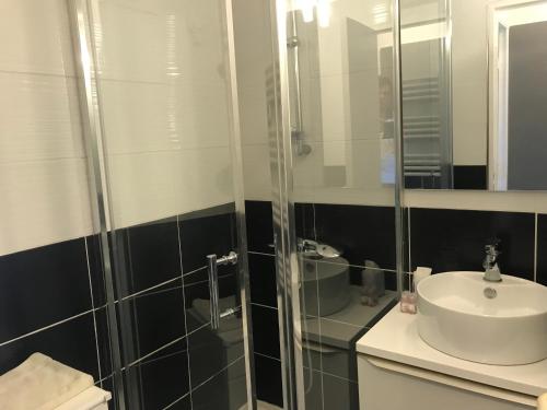 une salle de bain avec douche et lavabo dans l'établissement Résidence Palme d'Azur Cannes La Bocca, à Cannes