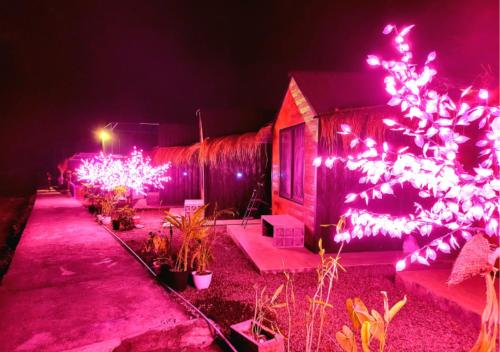 a yard with a christmas tree and red lights at Yucabin Kintamani in Kubupenlokan