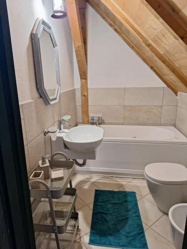 a bathroom with a sink and a toilet and a tub at Căsuța cu Prispă in Sîncraiu
