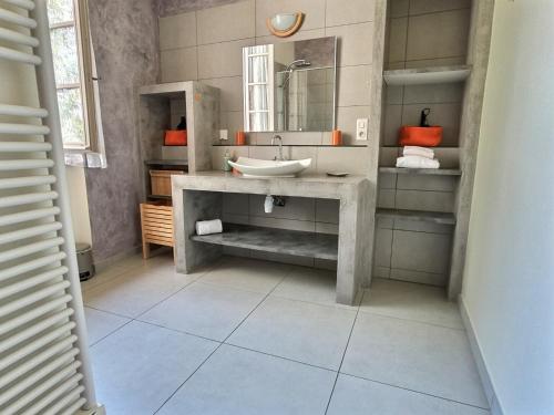 une salle de bain avec un lavabo et un miroir dans l'établissement La Maison des 2 Ponts Clim Centre, à Albi