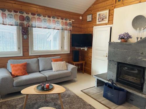 a living room with a couch and a fireplace at Lapponia in Kalajoki
