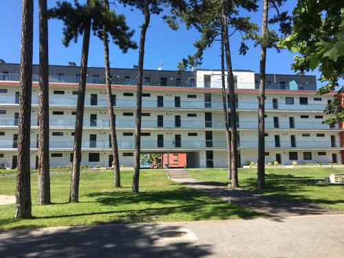 an office building with palm trees in front of it at Butique Apartman Grand in Balatonlelle