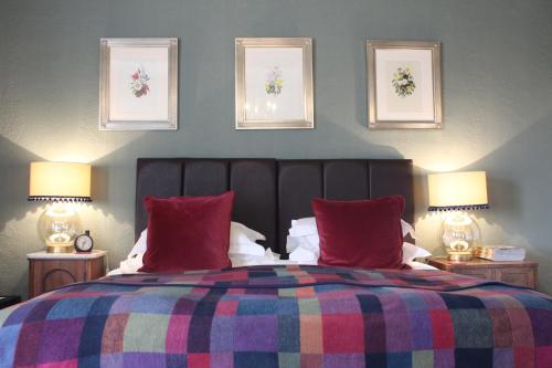 a bedroom with a bed with red pillows and two lamps at Mallard Grange B&B in Ripon
