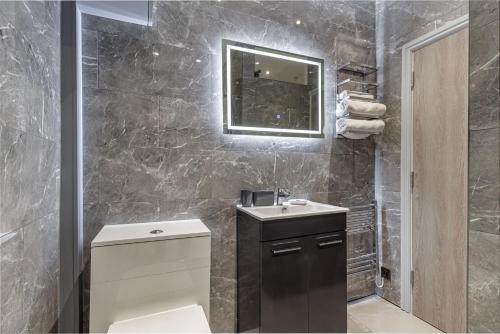a bathroom with a toilet and a sink and a mirror at WhiskAwayStays - Foregate Street - Apartment 2 in Worcester