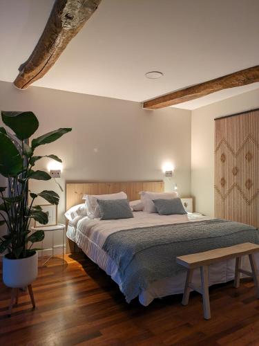 a bedroom with a large bed and a potted plant at La Mimosa in Puentedeume