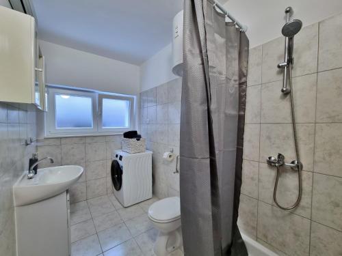 a bathroom with a shower and a toilet and a sink at Apartment Anka in Omiš
