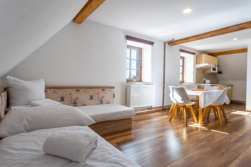a bedroom with two beds and a table and a kitchen at Houda Bouda - Penzion & Apartmány in Boží Dar