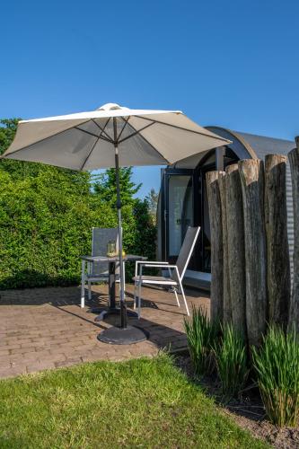 a table and a chair under an umbrella at Tiny Natuurlodge voor 2 personen met vrij uitzicht over landerijen in Dalerveen