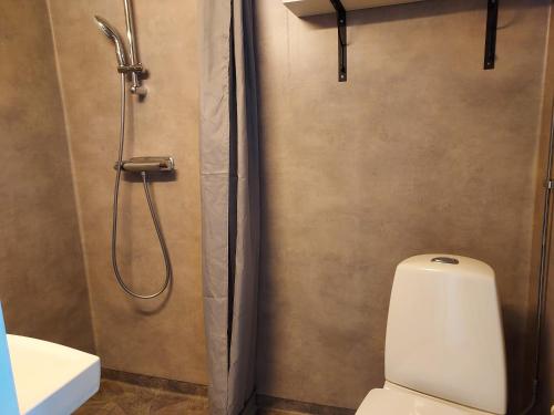 a bathroom with a shower with a toilet and a sink at Älgbergets Bed & Breakfast in Ucklum