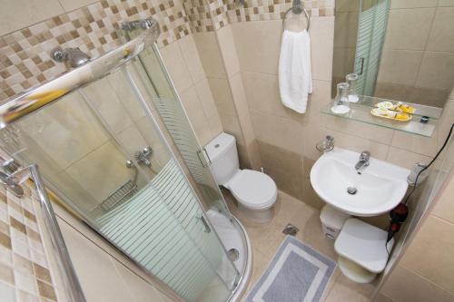 a bathroom with a shower and a toilet and a sink at Primavera Hotel in Dassia