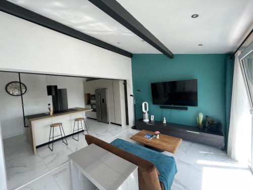 un salon avec un canapé et une télévision dans l'établissement Appartement offrant une vue exceptionnel sur le jaizkibel et l'océan, à Hendaye