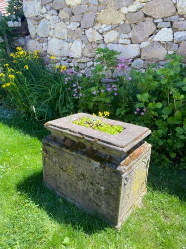 an old stone box with flowers in a garden at Kánya Veranda in Szomolya